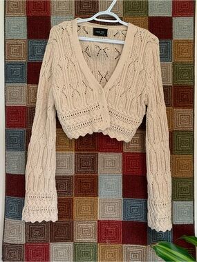 Cest Moi Crochet Knit Cropped Cardigan - Cream